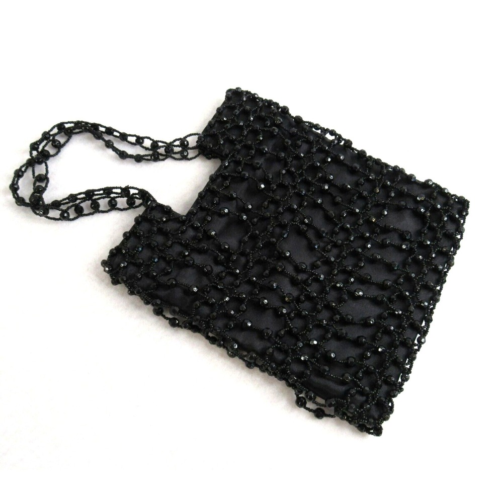 Vintage Giorgio Beverly Hills Black Beaded Bag Satin Lined Flapper Purse